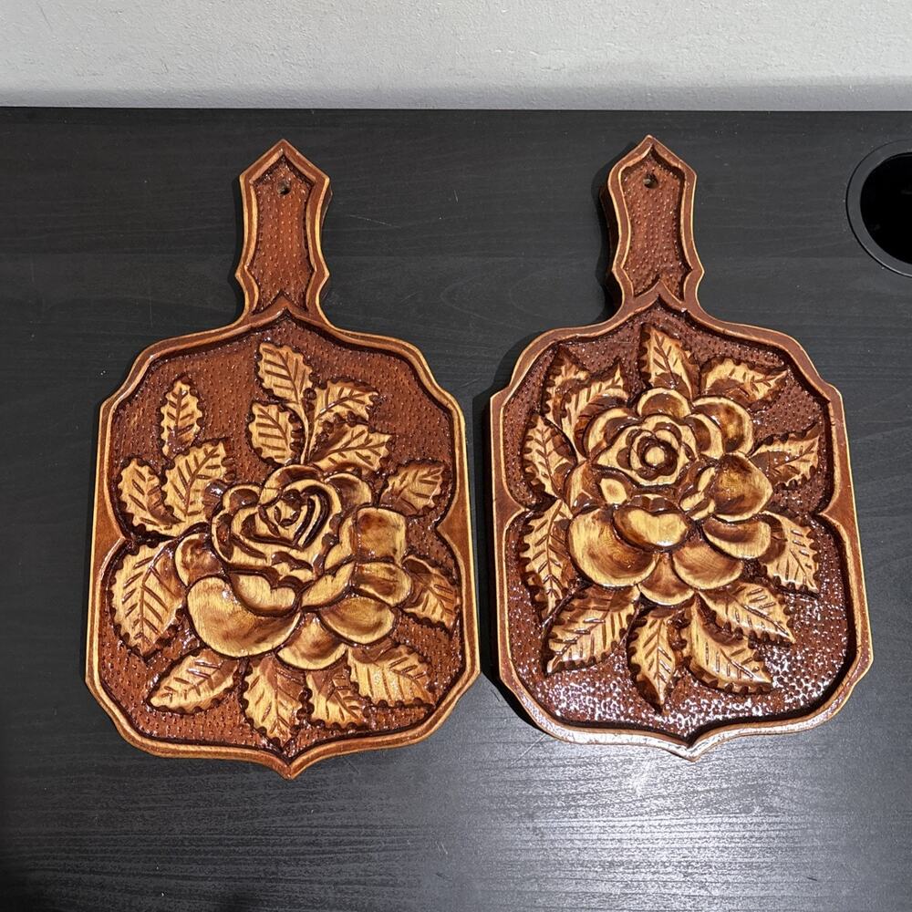 2x VTG Hand Carved Wood Wall Plaque Floral Rose Rustic Farmhouse Cottage Decor
